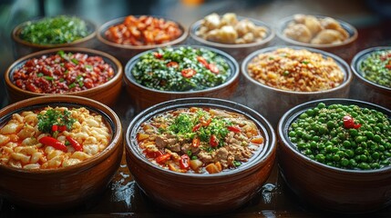 Fototapeta premium Assorted Chinese Dishes in Clay Pots