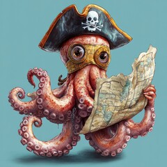 A cartoon octopus pirate looking at a map for directions