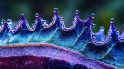 Macro detail of mizuna greens in morning dew, close-up on leaf edge and jagged structure, garden background