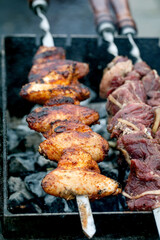 Juicy Meat Skewers Grilling on Barbecue