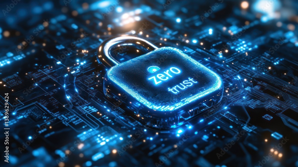 Aufkleber concept of zero trust security padlock over illuminated microcircuit board