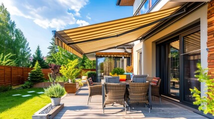 Fototapeta premium Pergola house terrace with green garden and dining table in sunny day. AI generated image