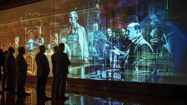 Holographic projection of historical figures engaging in conversation with contemporary audiences, blurring timelines to challenge linear views of history