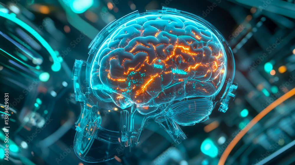 Poster neuron nexus: brain activity concept, science and tech, highlighting neural network function, for he