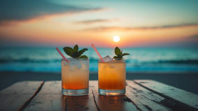 Beverages featuring a hazy effect against a sunset background.