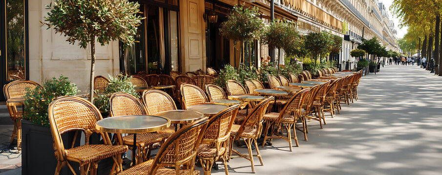 A quiet sidewalk caf&eacute; with a row of empty round tables and wicker chairs arranged neatly along a building, evoking a classic Parisian street atmosphere