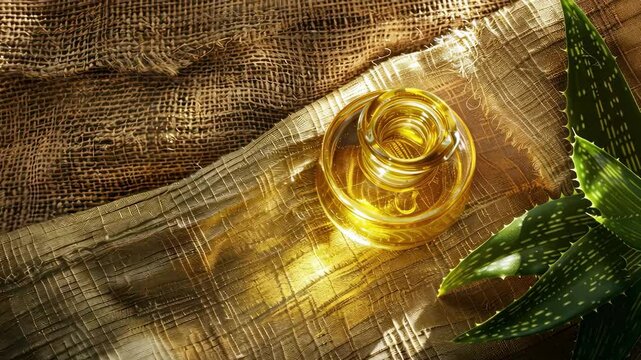 ether oil aloe vera on the background of burlap top view