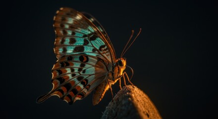Detailed Butterfly on Rock with Colorful Wings Against Dark Background