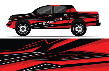 Obraz premium Red pickup truck with dynamic black and white graphics, showcasing a sponsor logo on the side