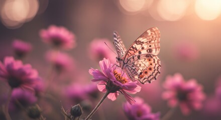 Butterfly Resting on Flower in a Field of Pink Blooms