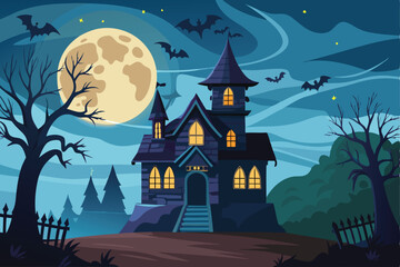 Spooky haunted house with bats on a moonlit  night.