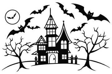 Spooky haunted house with bats on a moonlit  night.