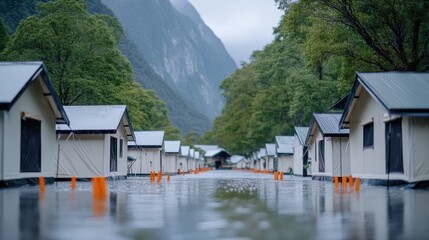 Fototapeta premium Glacier Cabins Mountain Valley Serene Landscape High-Definition Wet Ground Perspective Row of Lodgings Rain-Soaked Setting Cool Gray Tones Travel Brochure
