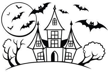 Spooky haunted house with bats on a moonlit  night.