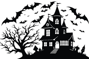 Spooky haunted house with bats on a moonlit  night.