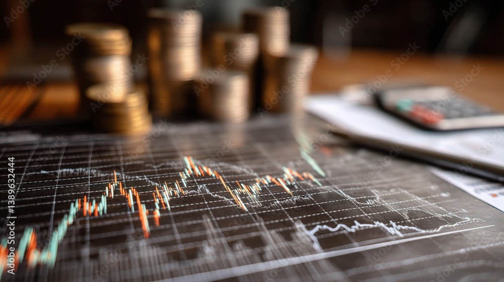 Poster Double Exposure Forex Graph and Coins with Calculator on Table
