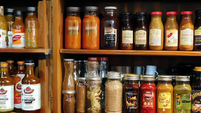 Colorful assortment of condiments in glass jars and bottles arranged on wooden shelves, creating a visually appealing display