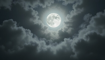 Obraz premium Full Moon Emerging Through Dark Clouds at Night