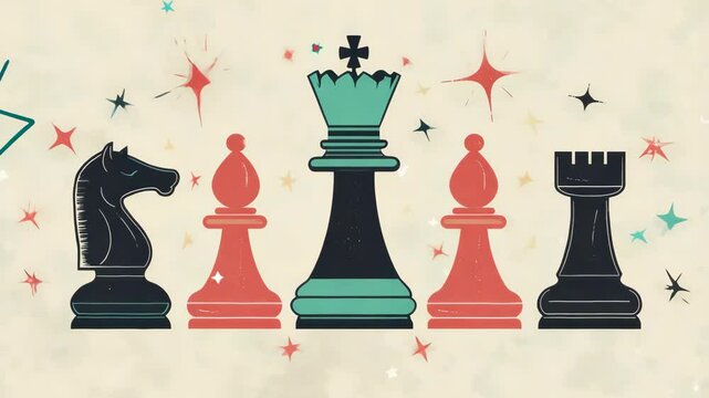 Vintage chess pieces and stars animation on a beige background