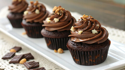 Decadent Chocolate Cupcakes with Swirled Peanut Butter and Chocolate Frosting, Drizzled with Chocolate Sauce and Topped with Crushed Nuts on a White Plate – Perfect for Dessert Lovers