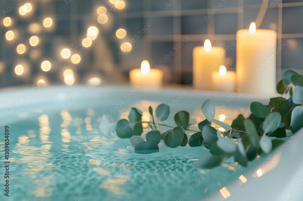 Poster eucalyptus branches floating in a bathtub with lit candles and blurred lights in the background, cre