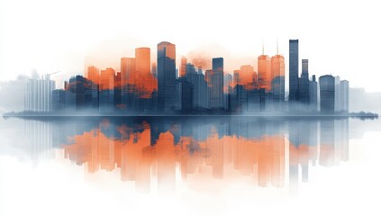 Obraz premium A city skyline with orange and blue buildings reflected in the water