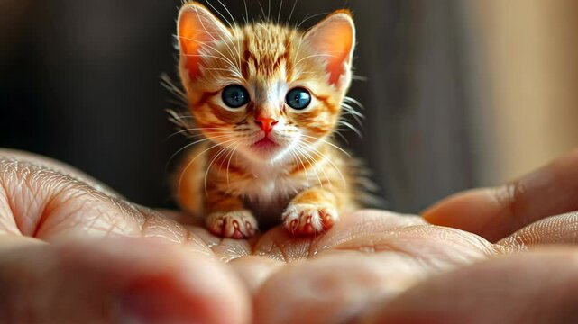 a tiny yellow cat, so small it's even smaller than your little finger. This tiny kitty is climbing through your fingers, trying her best to climb up.