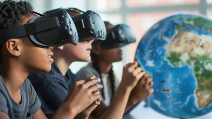 A group of students using virtual reality headsets to explore historical events and geographic features on a virtual earth globe.