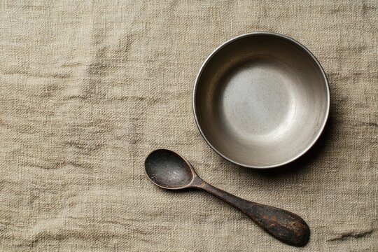 Minimalist table setting featuring metallic bowl and wooden spoo
