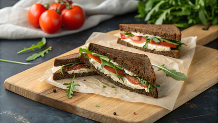Fresh Caprese Sandwich with Mozzarella, Tomato, and Arugula on Dark Rye Bread, Served on a Rustic Wooden Board