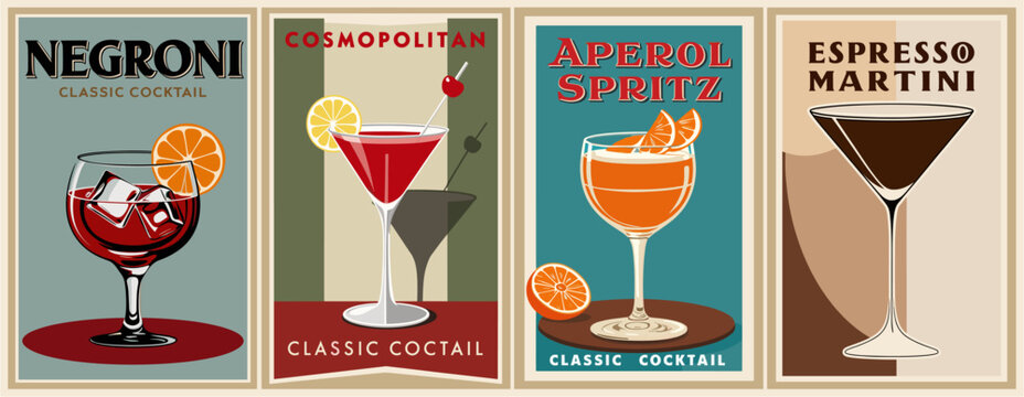 Cocktails retro poster set. Negroni, Cosmopolitan, Espresso Martini. Collection of popular alcohol drinks. Vintage style flat vector illustrations for bar, pub, restaurant, kitchen wall art print.