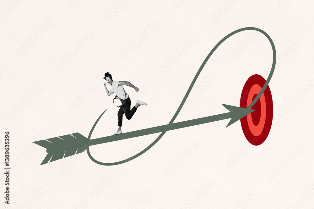 Poster trend composite sketch template 3d photo collage of young man run arrow achieve goal business trader