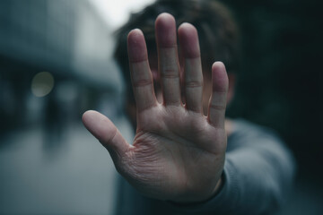 Individual stands in a cityscape, hand raised in front as a gesture of stopping or signaling distress, amidst a dimly lit, potentially threatening atmosphere