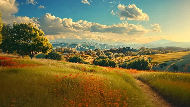 Impressionist-style landscape with soft brushstrokes and vivid colors, capturing the serene beauty of a countryside scene