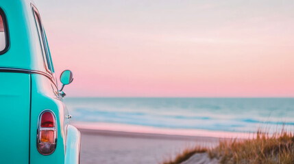 Summer Getaway: Aqua Vehicle parked seaside with pastel sunset, escapism, freedom concept for travel blog, poster