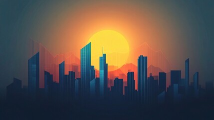 Obraz premium Abstract City Skyline at Sunset with Vibrant Colors and Graphs
