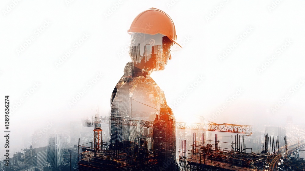 Poster engineer in double exposure with cityscape and construction elements