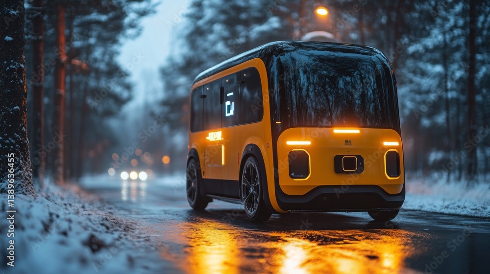 Poster an autonomous delivery vehicle moves along a snowy road at dusk, highlighting innovations in logisti