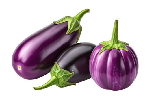Fresh Purple Eggplants with Green Stems Isolated on White Background

