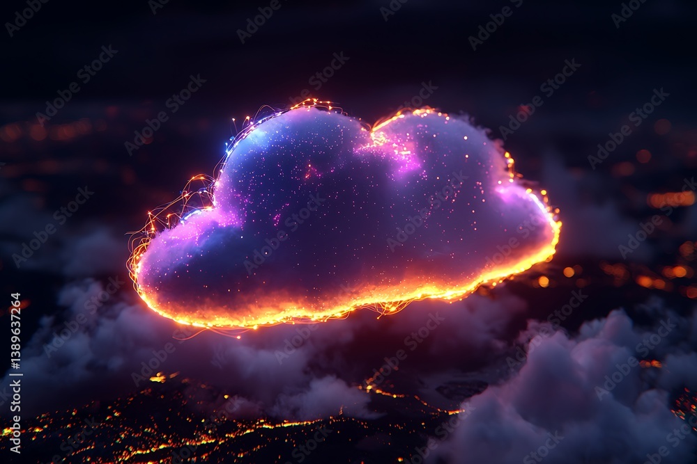 Poster glowing cloud computing representation floating amidst other clouds and lights