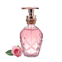Elegant pink perfume bottle with a rose, isolated on transparent background, cutout png