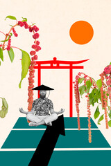 Trend artwork template 3D collage sketch of japan eastern gate column young man sit meditate arrow...