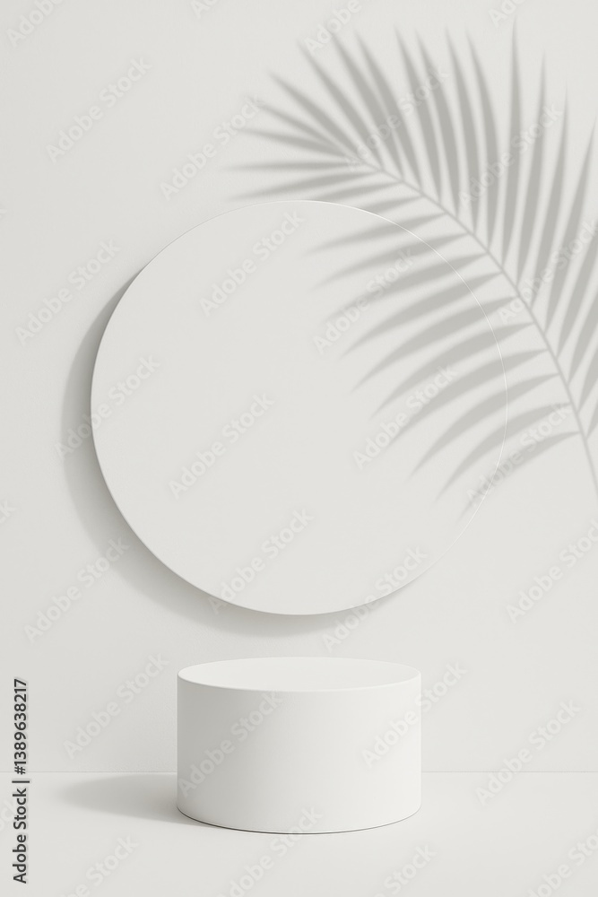 Poster minimalist display with circular mirror and palm leaf shadow on a white background