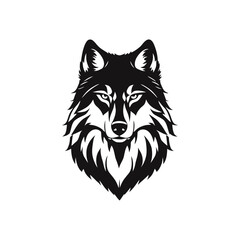 A black and white vector silhouette of a wolf head with detailed fur and calm expression in side view on a white background