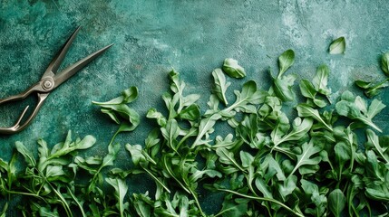 Realistic image of arugula leaves harvested with scissors, laid on slate cutting board
