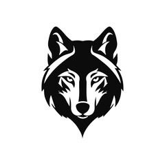 A black and white vector silhouette of a wolf head in side profile, showing pointed ears, sharp muzzle, and fierce expression on a white background