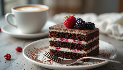 Elegant Chocolate Layer Cake with Cream and Berries, Served with a Cup of Cappuccino on a Cozy Marble Table