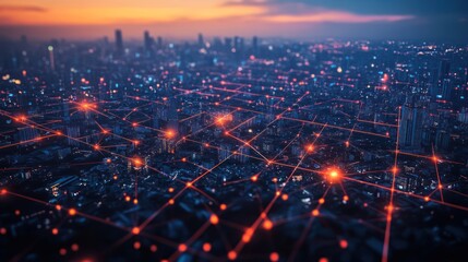 Obraz premium Aerial view of a futuristic cityscape illuminated with digital network connections
