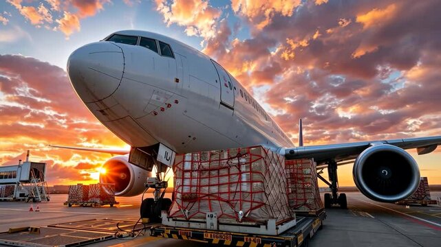 Cargo plane is loaded with freight at sunset on the airport runway