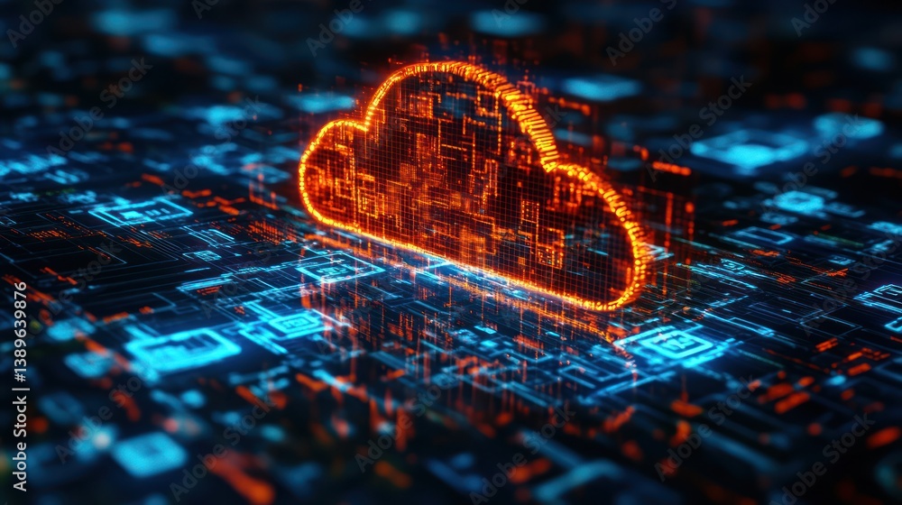 Poster digital cloud computing concept with circuit board and glowing overlay